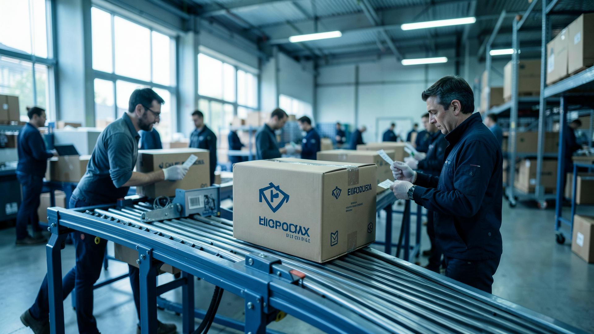 Sipariş paketleyen depo ekibi ve konveyör bandı